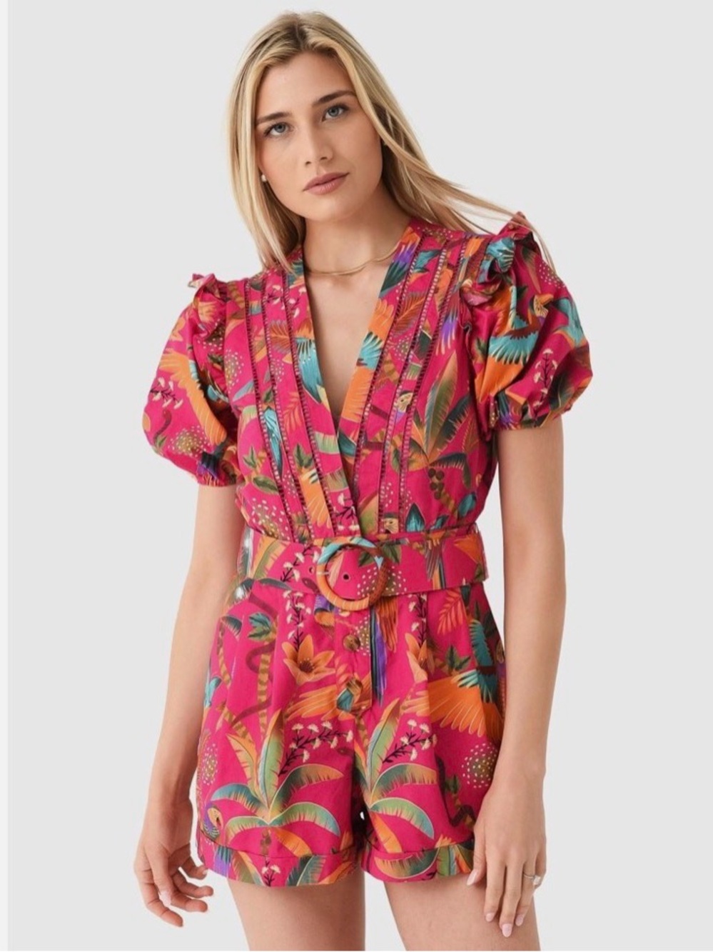 FARM Rio Pink Tropical Puff-Sleeve Belted Romper